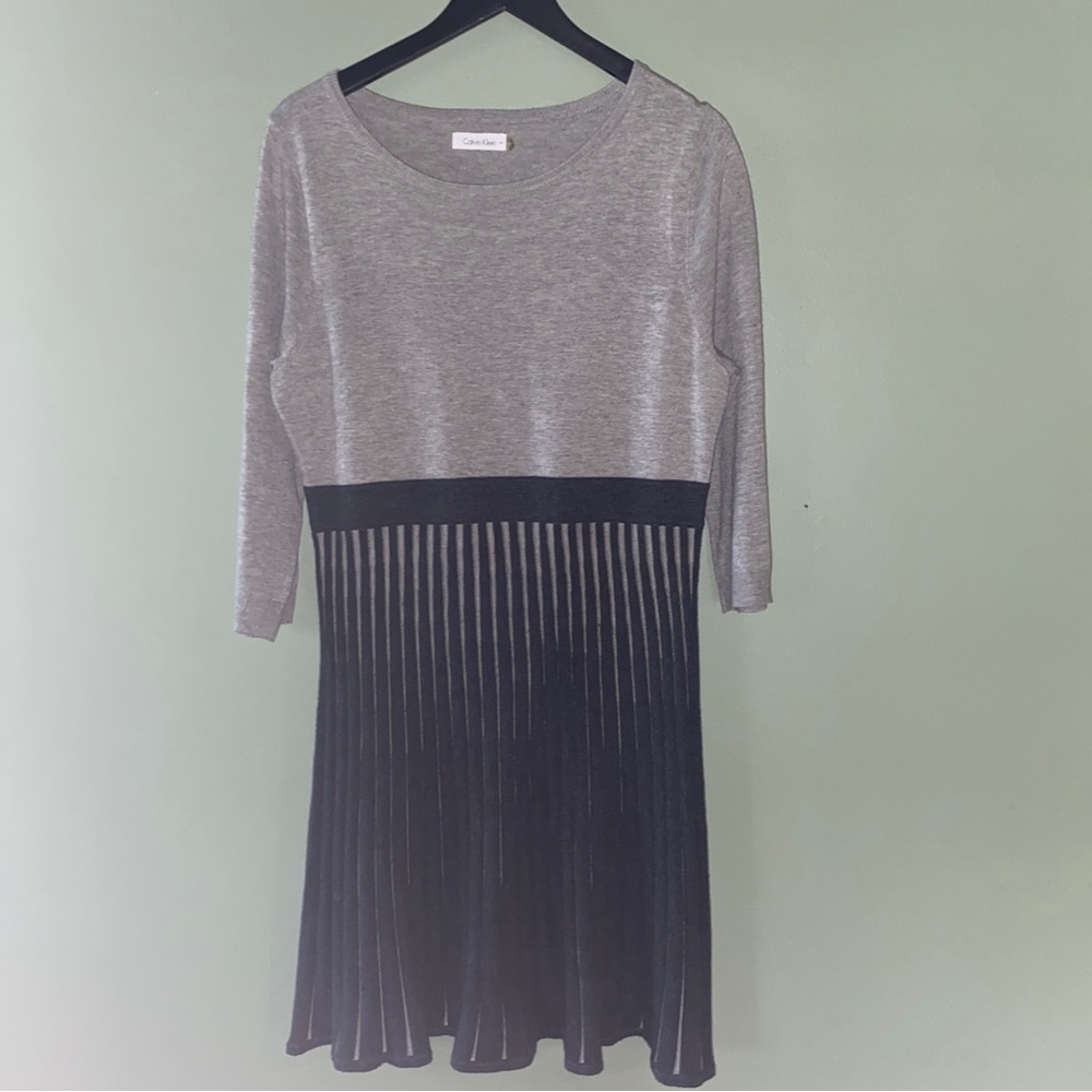 CALVIN KLEIN CK Black Gray  Stripe Knit A-Line Career Sweater Dress M/L